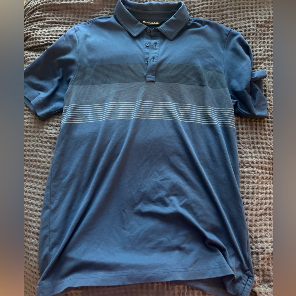 Travis Mathew Blue and Gray Striped Polo Shirt